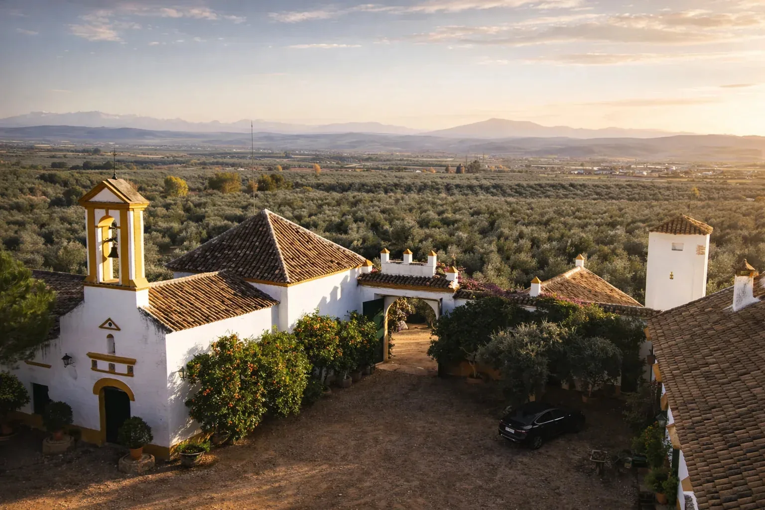 El Cortijo de la Aldehuela al atardecer, rodeado por el olivar de Andújar