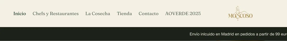 Menú de la web anterior: Inicio, Chefs y Restaurantes, La Cosecha, Tienda, Contacto y AOVERDE 2025 junto al logotipo de Moscoso