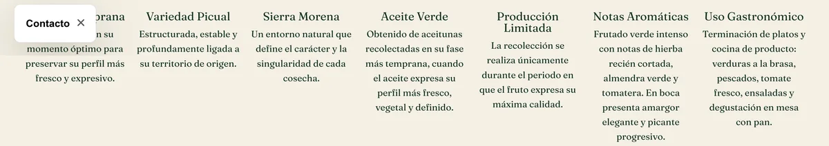 Fila de siete atributos del producto presentados al mismo nivel en la web anterior