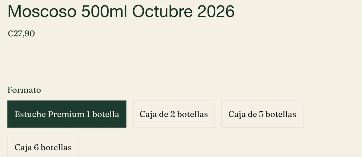 Ficha de producto de la web anterior con cuatro formatos para elegir, sin precio por botella ni recomendación