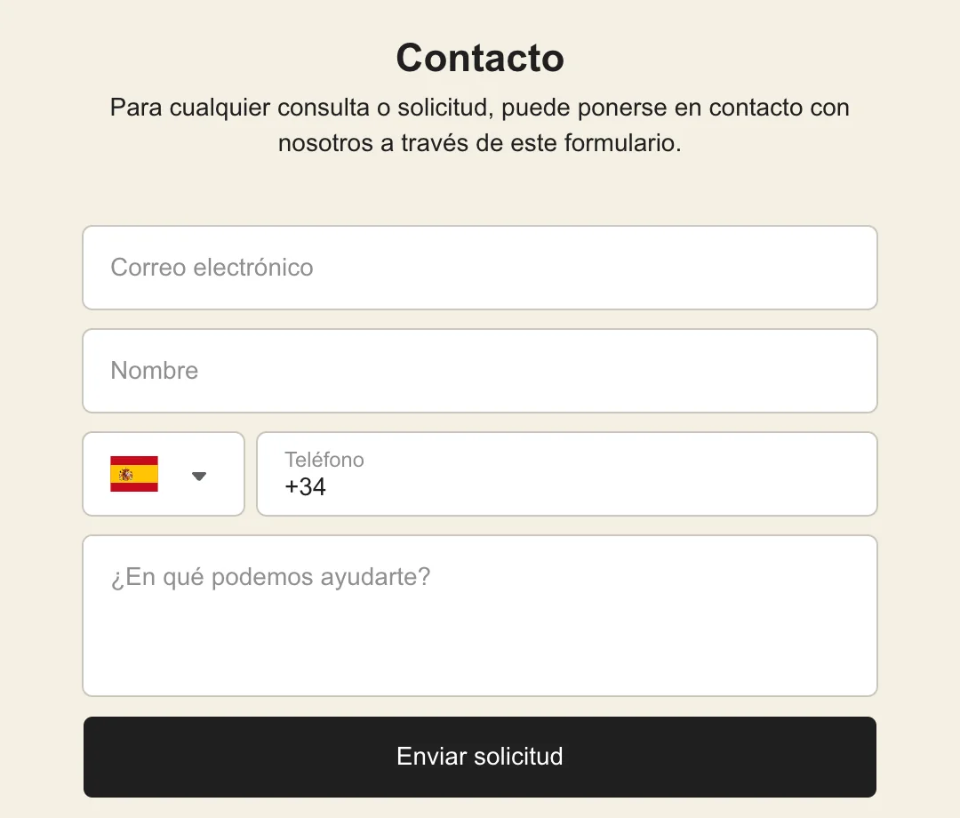 Formulario de contacto genérico de la web anterior: correo, nombre, teléfono y mensaje