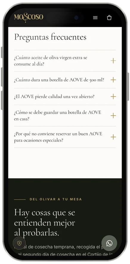 Preguntas frecuentes de un artículo del blog, como «¿Cuánto dura una botella de AOVE de 500 ml?»