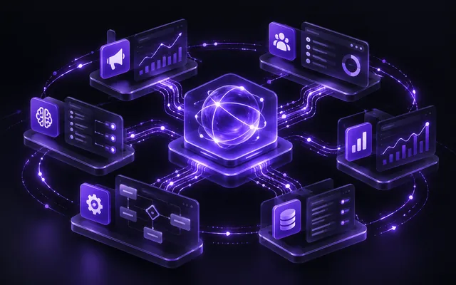 Arquitectura Agentic Growth Stack conectando publicidad, CRM, datos, automatización e inteligencia artificial