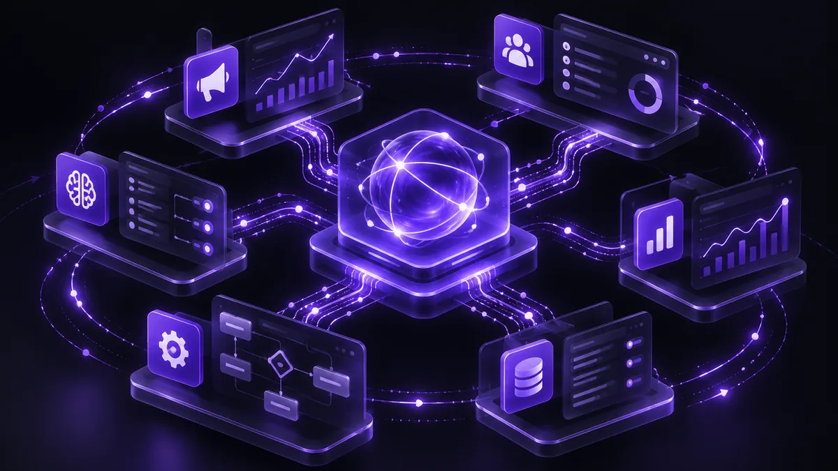 Arquitectura Agentic Growth Stack conectando publicidad, CRM, datos, automatización e inteligencia artificial