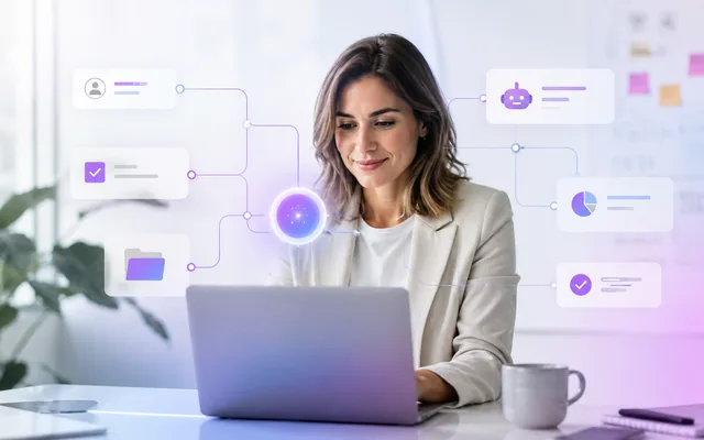 Profesional trabajando con un sistema de automatización conectado a tareas, datos y asistentes de inteligencia artificial.