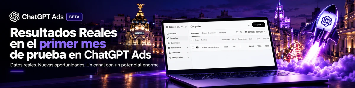 Panel de ChatGPT Ads Manager con la campaña Sr.Night_Imprenta_Urgente y sus resultados del primer mes: 40.226 impresiones, 707 clics, 32 conversiones, 411,82 € de gasto, 1,76 % de CTR y 0,59 € de CPC medio.
