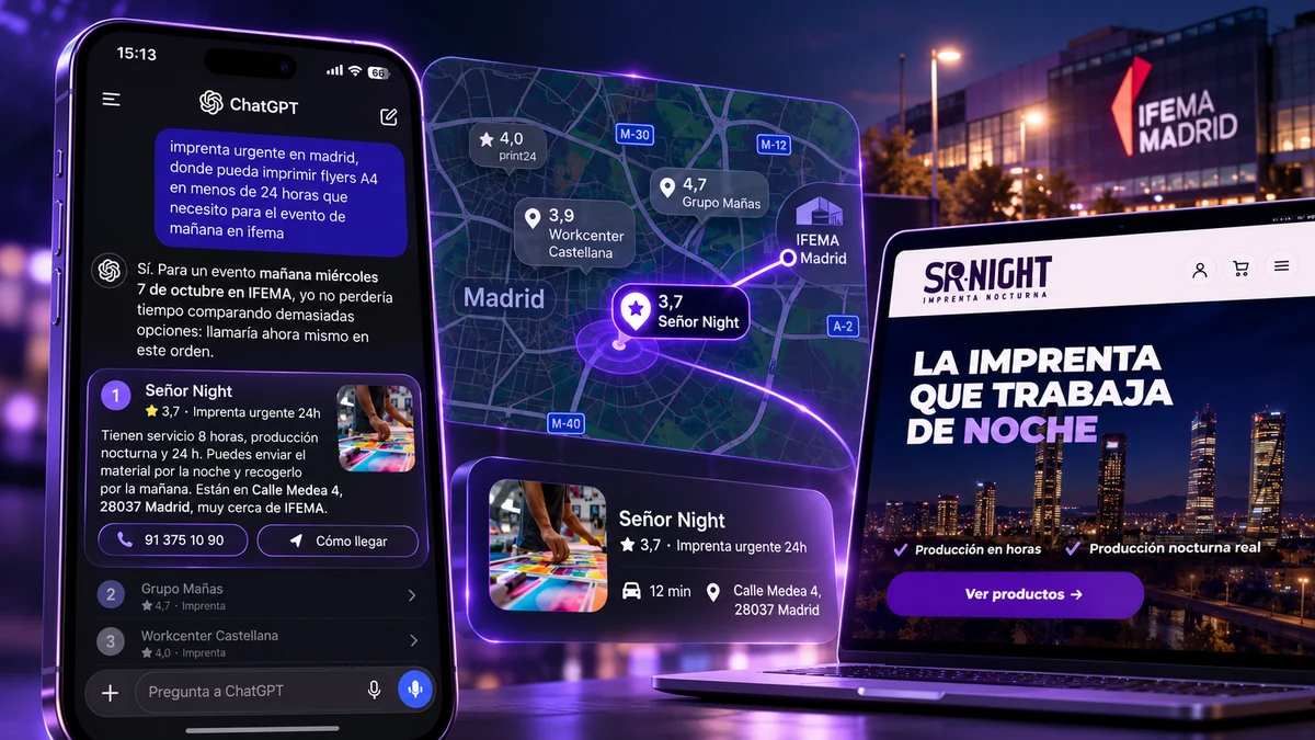 Conversación en ChatGPT pidiendo una imprenta urgente en Madrid para imprimir flyers en menos de 24 horas, con Señor Night recomendado en primera posición, su ubicación en el mapa cerca de IFEMA y su web de conversión.