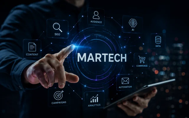 Profesional interactuando con un ecosistema Martech conectado a SEO, audiencias, inteligencia artificial, datos, automatización y analítica.