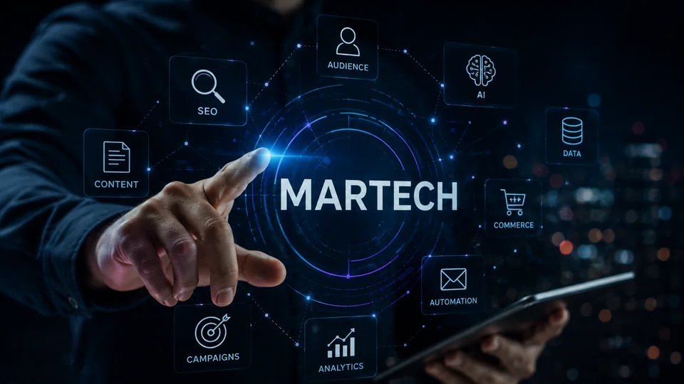 Profesional interactuando con un ecosistema Martech conectado a SEO, audiencias, inteligencia artificial, datos, automatización y analítica.
