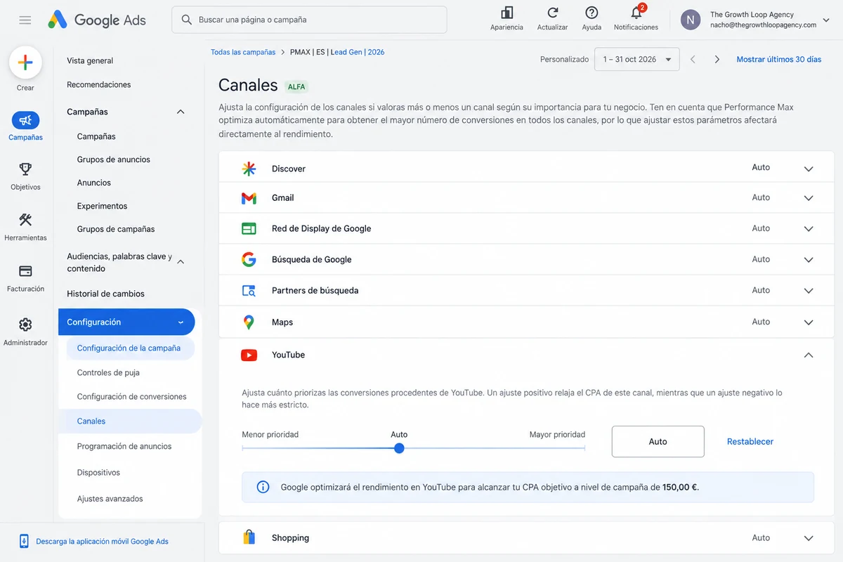 Recreación de la configuración de canales y prioridades en Google Ads Performance Max