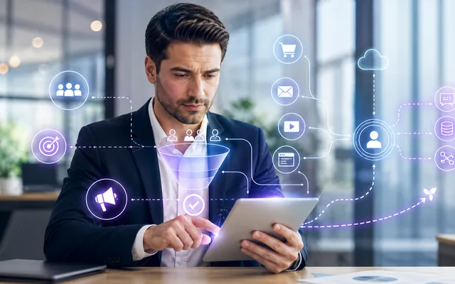 Profesional analizando un funnel de marketing digital conectado a audiencias, campañas, datos y conversión.